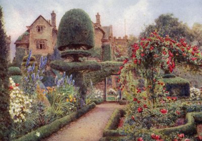 レベンス・ホールのハーブ・ボーダーに咲くデルフィニウム（カラーリトグラフ 作： Ernest Arthur Rowe