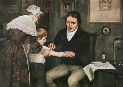 エドワード・ジェンナー博士 (1749-1823) は、5 月 14 日、8 歳の少年ジェームズ・フィップスに天然痘に対する最初の予防接種を行っています。 作： Ernest Board
