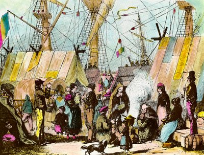ル・アーブル港に到着した移民の家族たち。アーネスト・シャルトン（1813-1905）による19世紀のエングレーヴィング 個人蔵 作： Ernest Charton