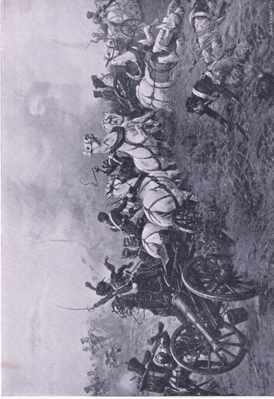 1815年6月18日、ウォータールーでの第52オックスフォードシャー軽歩兵連隊によるフランス軍の砲撃、陸と海でのイギリスの戦い、1915年の図解 作： Ernest Crofts