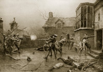 火薬の最後のスタンド、1606年、「ハッチンソンのイギリス国民の物語」、1923年頃のイラスト 作： Ernest Crofts
