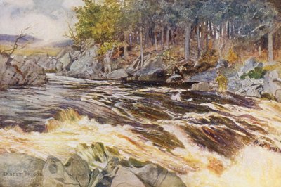 ケン号でのサーモン釣り、正念場（カラーリトグラフ） 作： Ernest Edward Briggs