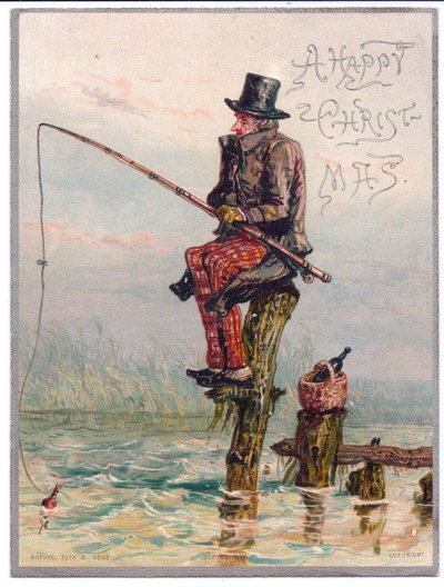 切り株釣り、c.1880に座っているビクトリア朝の男のビクトリア朝のクリスマスカード 作： Ernest Henry Griset