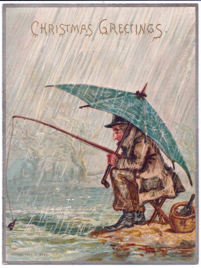 1880年頃の雨の日の孤独な漁師のビクトリア朝のクリスマスカード 作： Ernest Henry Griset