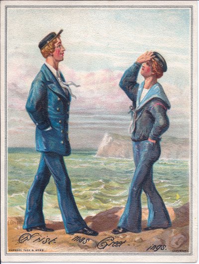 1880年頃、海を歩いている2人の船員のビクトリア朝のクリスマスカード 作： Ernest Henry Griset