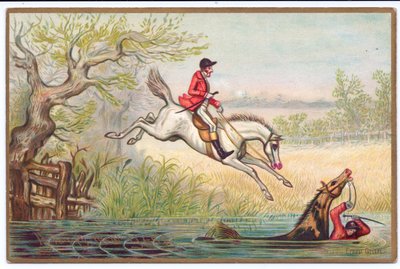猟師と彼の馬が川に落ちるキツネ狩りのビクトリア朝の年賀状、1880年頃 作： Ernest Henry Griset