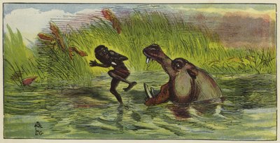 カバに脅かされているアシャンティ男 作： Ernest Henry Griset