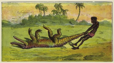 アシャンティの男が眠っているワニを尾で引きずる 作： Ernest Henry Griset