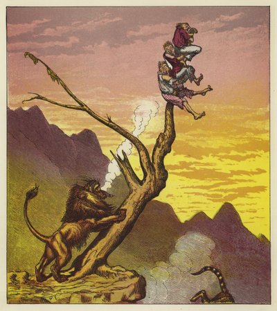 3人の船員は木に登ってライオンから脱出します。 作： Ernest Henry Griset