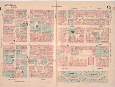 フィラデルフィア市の保険マップ。ボリューム2、plate15、1887（手塗りの彫刻） 作： Ernest Hexamer