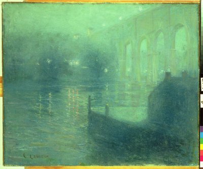 夜のハーレム川、青い反射（キャンバスに油彩） 作： Ernest Lawson