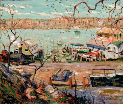 川の風景 - 船と家 作： Ernest Lawson