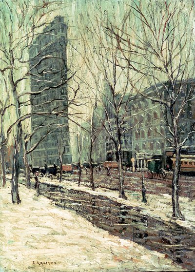 ニューヨークのフラットアイアンビルディング、c.1903-05（船内の油） 作： Ernest Lawson