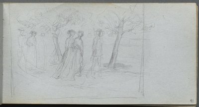 スケッチブック、41ページ：風景の中の人物像。 作： Jean Louis Ernest Meissonier
