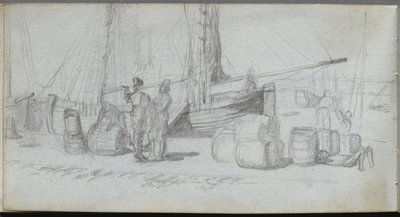 スケッチブック、50ページ：ボート、人物、浜辺の貨物 作： Ernest Meissonier