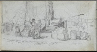 スケッチブック、50ページ：ボート、フィギュア、ビーチの貨物。 作： Jean Louis Ernest Meissonier