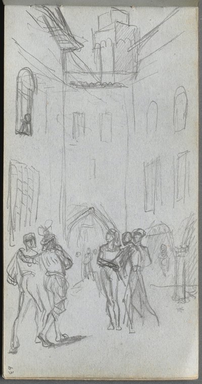 スケッチブック、63ページ：中庭の人物像。 作： Jean Louis Ernest Meissonier