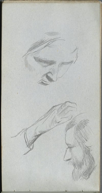 スケッチブック、70 ページ: 2 つの顔と手の習作 作： Ernest Meissonier