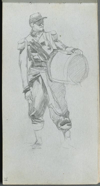 スケッチブック、79ページ：ドラムを持った兵士。 作： Jean Louis Ernest Meissonier