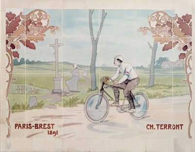 1891年、パリとブレストを結ぶ史上初の長距離自転車レースに出場したシャルル・テロン 作： Ernest Montaut