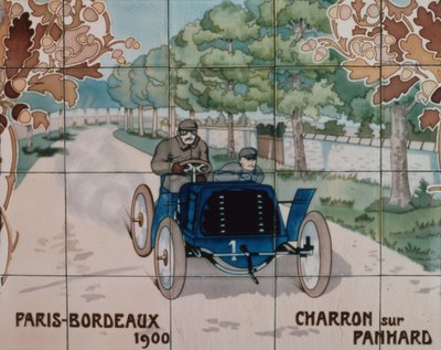1900年のパリ・ボルドー間レースでパンハール車を運転するシャロン：アーネスト・モントー（1878-1909）のデッサンに基づき、パリのジラルドーニ・フィス社で製造されたセラミック・タイル。 作： Ernest Montaut
