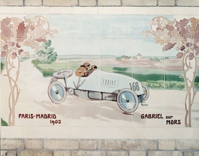 死のレース」として知られる1903年のパリ～マドリード・レースで、モルス社の車を運転するガブリエル。 作： Ernest Montaut