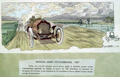 モーターレース。Ernest Montaut（1878-1909）が描いた1900年頃のモスクワ-サンクトペテルブルク間のモーターレース。 作： Ernest Montaut