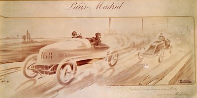 モーターレース。「パリ・マドリード」。ミシュランのタイヤを装着したモルスで優勝したガブリエル "" イラスト 1903年 作： Ernest Montaut