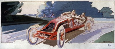 ACF グランプリの優勝者であるルノーの車に乗るシズ、c. 1910年（イラスト） 作： Ernest Montaut