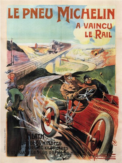 ヒースが運転するパンハール・エ・レバソールのレーシングカー - ミシュランのタイヤ - モントー、アーネスト（1879-1909） - 1905 - カラーリトグラフ - 個人蔵 作： Ernest Montaut