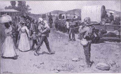 ボーア難民を支援するイギリスの兵士、イラスト「プレトリア後：ゲリラ戦争」、1902年 作： Ernest Prater