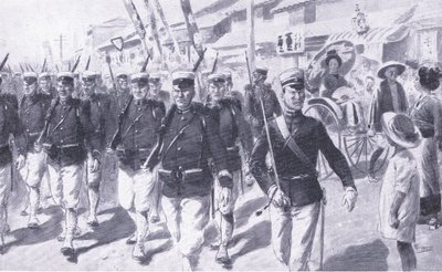東京を駆け抜ける日本人、カッセルの日露戦争の歴史第1巻、1900年のイラスト 作： Ernest Prater