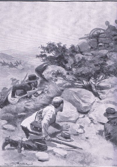 Boersが「Pom Pom」を捕獲した策略（Harmsworth Bros Limited発行「After Pretoria: The Guerilla War」より）。 作： Ernest Prater