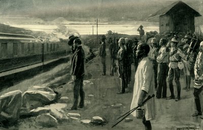 「ブロックハウス警備員によって敬礼されたロードス氏の遺骨を運ぶ列車」、1902年。 作： Ernest Prater