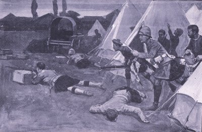 ジェイコブスダルの市場にあるイギリスのキャンプへの攻撃、イラスト：プレトリア後：ゲリラ戦争、1902年 作： Ernest Prater