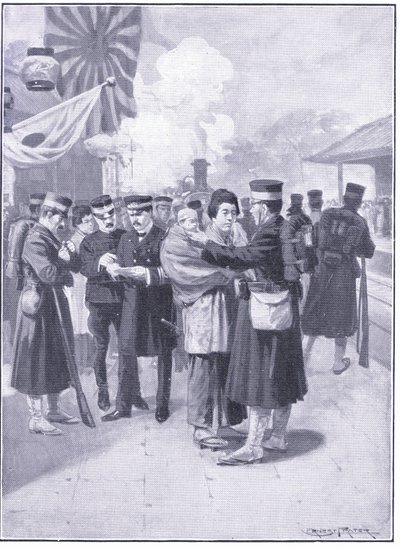 トキオを去る軍隊、キャッセルズ日露戦争の歴史第1巻、1900年のイラスト 作： Ernest Prater