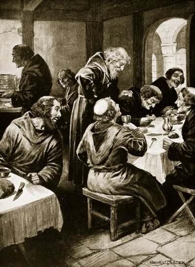 1915年頃のハッチソンの「イギリス国民の物語」のイラスト、1141年、バイランドの修道士に冒険を語ったウィムンド 作： Ernest Prater