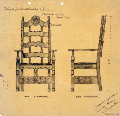 聖域の椅子のデザイン、1905〜25年頃（紙にペンとインクで洗う） 作： Ernest William Gimson