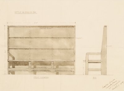 イングリッシュオークの落ち着くデザイン、1909年（紙にトイレ付きのペン） 作： Ernest William Gimson