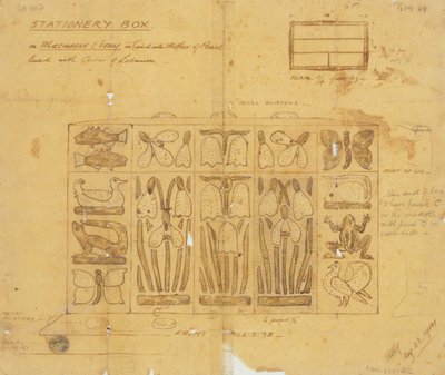 マザーオブパールをはめ込んだマカッサルエボニーのステーショナリーボックスのデザイン、1904年 作： Ernest William Gimson