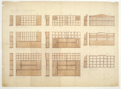 イングリッシュオークのチャイナラック、サイドボード、ドレッサーのデザイン、1906年（紙に鉛筆とトイレ） 作： Ernest William Gimson