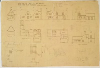 ミスメイモリスのためのケルムスコットのコテージのペア、1915年（紙に印刷およびトイレ） 作： Ernest William Gimson
