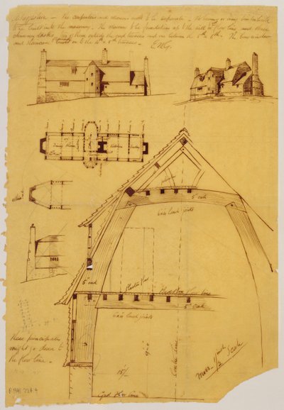 家の様子、平面図、詳細（紙にインクと鉛筆） 作： Ernest William Gimson