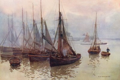 テムズ川エビ漁船団、グレーブゼンド（カラーリトグラフ） 作： Ernest William Haslehust