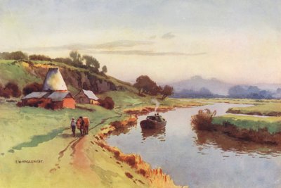 テムズ川サットン橋からの眺め（カラーリトグラフ） 作： Ernest William Haslehust
