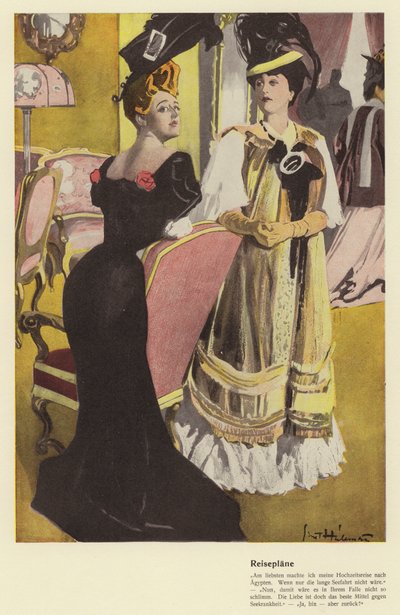 休暇旅行の計画について話し合う 2 人の女性 (カラー リソ) 作： Ernst (after) Heilemann