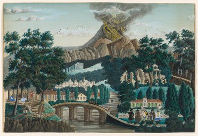 噴火する火山、橋、ウェディングパーティーのある風景 作： Ernst Damitz