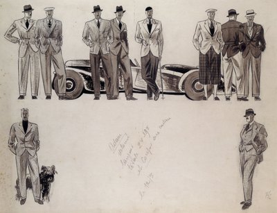 車のそばに立つ10人の男性モデルを描いた「アダム」のファッションデザイン 作： Ernst Deutsch Dryden