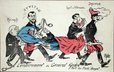 ジョセフ・ライナック（1856-1921）、ガブリエル・シヴェトン（1864-1904）、ギュイヨ・ド・ビルヌーブ、アルフレッド・ドレフュス（1855-1935）が最初に足で運んだアンドレ将軍の埋葬 1913年（手彩色の銅版画） 作： Ernst Emmanuel Muller