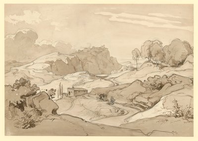 岩山と木々のあるイタリア風景、道端の小屋と人物群像 作： エルンストフライ